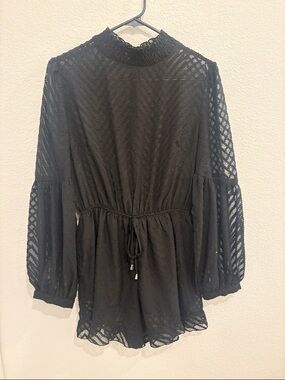 Fashion Nova Black Sheer Lace Smocked-Neck Romper